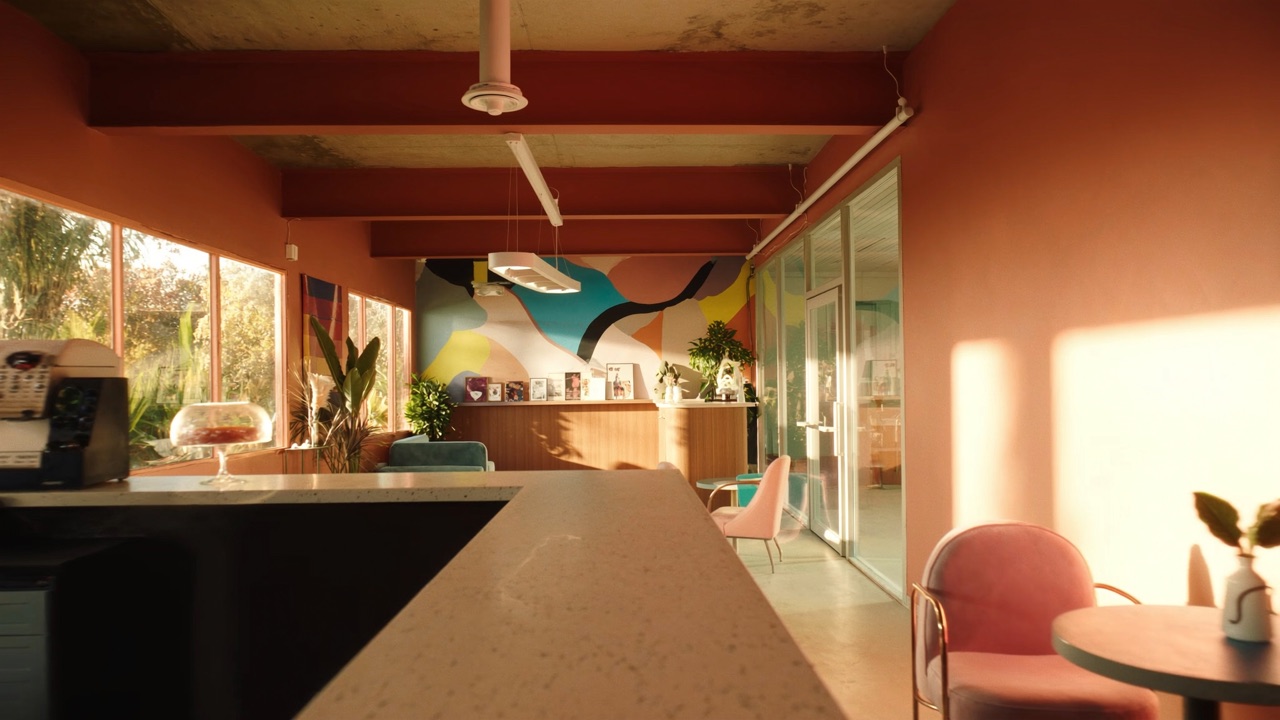 Warm, colorful coffee shop interior with a wall mural and plants